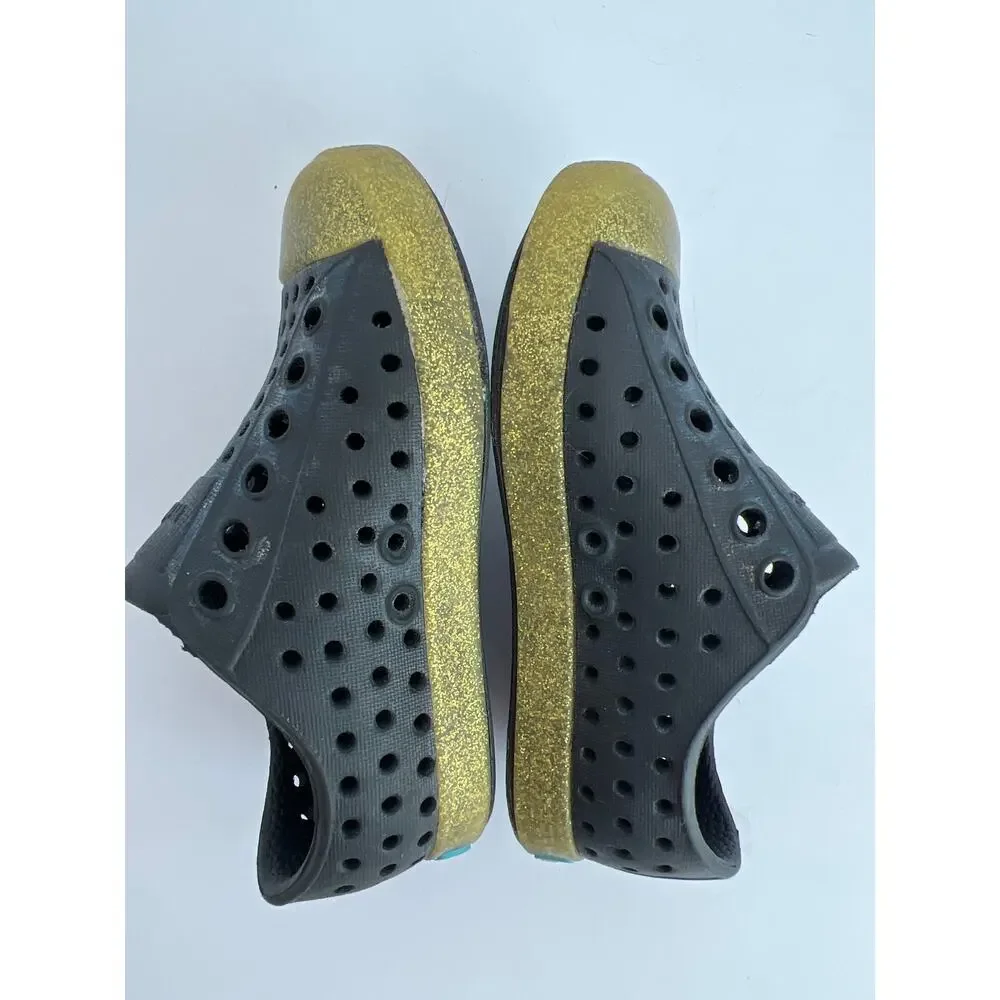 Native Kids Jefferson Bling Slip On Black Water Shoes Gold Glitter Toe C6
